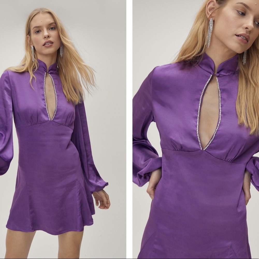 Satin Diamanté Trim High Neck Mini Dress